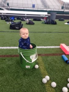 In the ball bucket when his mom was working late