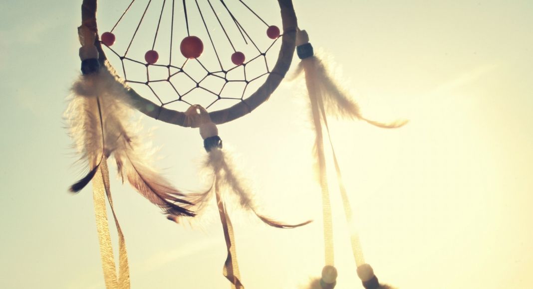 Dream catcher with feathers blowing in wind