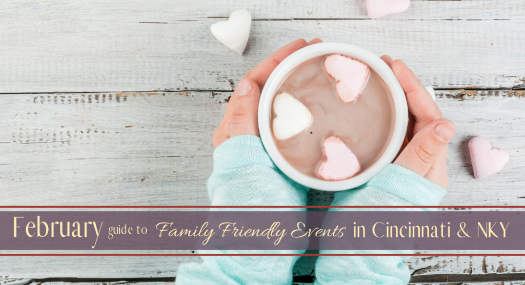 Title Image February Events 2020 - Hands holding hot chocolate with marshmallow hearts 